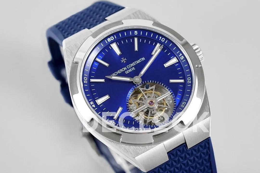 Replica Vacheron Constantin Overseas Tourbillion Blue Dial in Steel on Blue Rubber |  Declock.