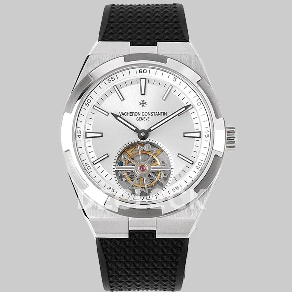 Replica Vacheron Constantin Overseas Tourbillion White Dial in Steel on Black Rubber |  Declock.