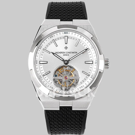 Replica Vacheron Constantin Overseas Tourbillion White Dial in Steel on Black Rubber | Declock.
