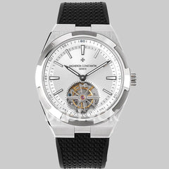 Replica Vacheron Constantin Overseas Tourbillion White Dial in Steel on Black Rubber