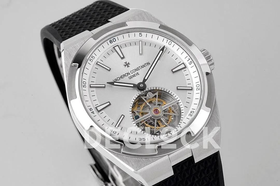 Replica Vacheron Constantin Overseas Tourbillion White Dial in Steel on Black Rubber |  Declock.