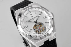 Replica Vacheron Constantin Overseas Tourbillion White Dial in Steel on Black Rubber