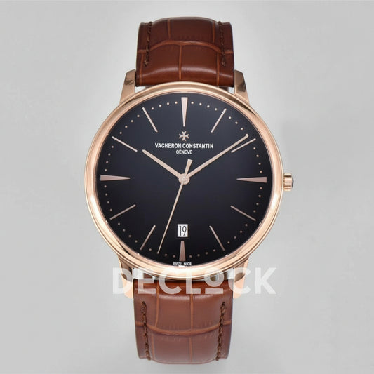 Replica Vacheron Constantin Patrimony Date Rose Gold Black Dial on Black Leather Strap | Declock.