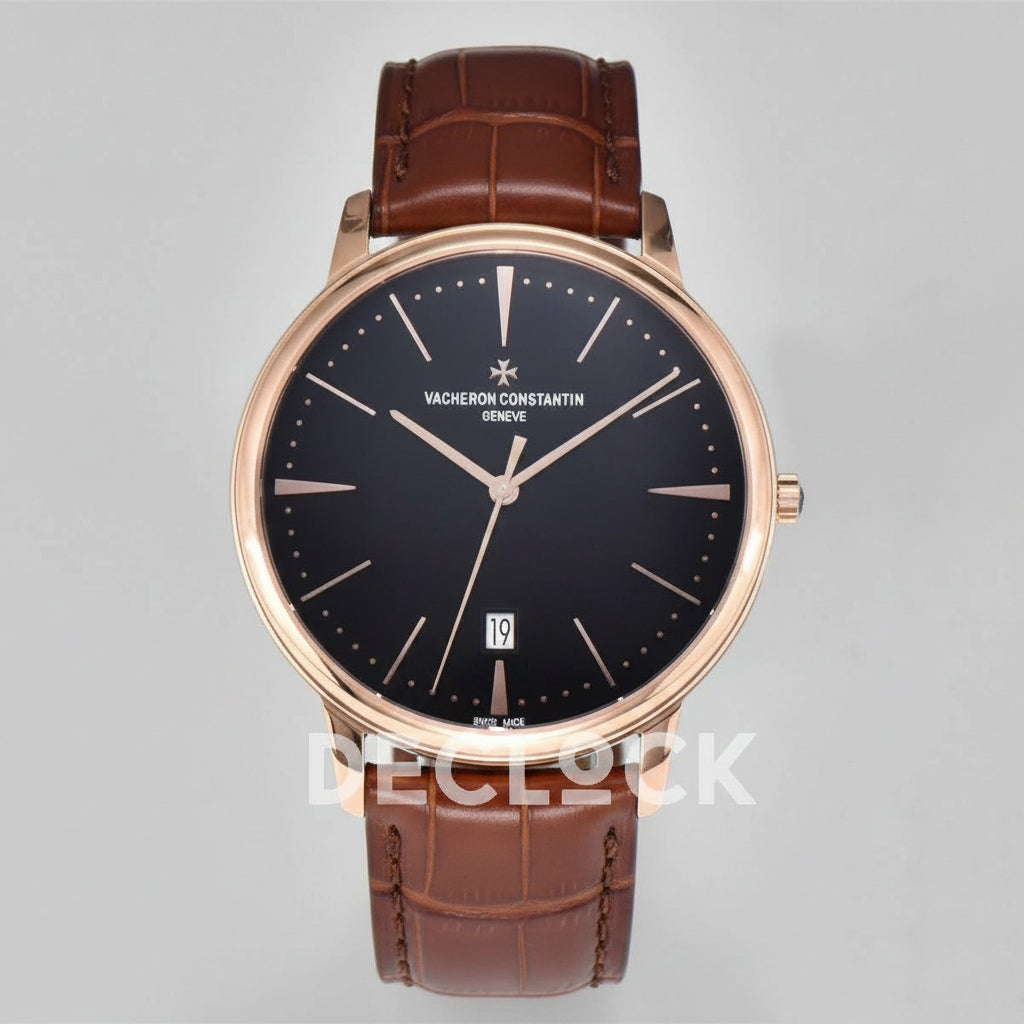 Replica Vacheron Constantin Patrimony Date Rose Gold Black Dial on Black Leather Strap |  Declock.