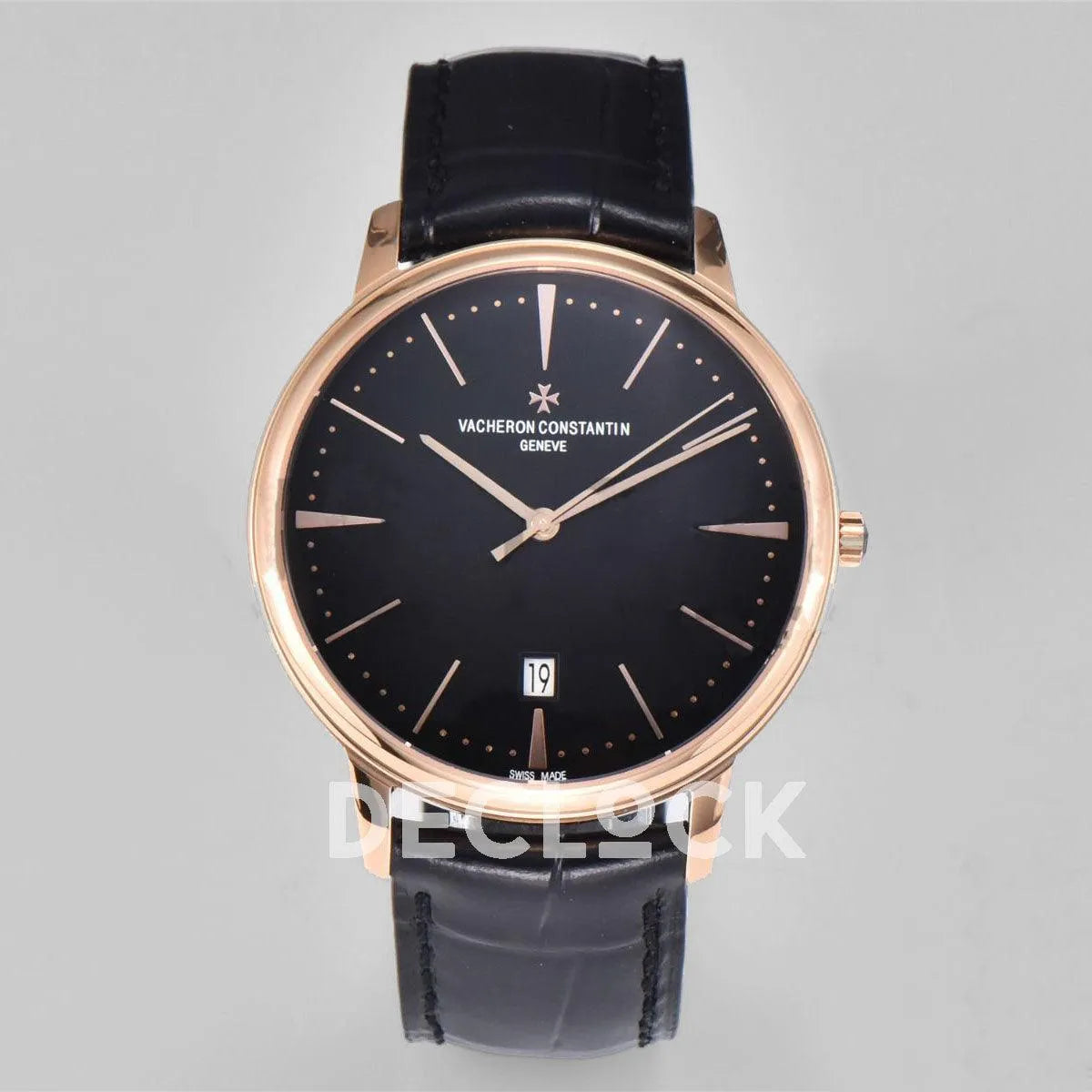 Replica Vacheron Constantin Patrimony Date Rose Gold Black Dial on Black Leather Strap