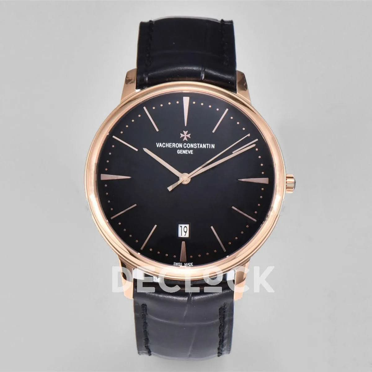 Replica Vacheron Constantin Patrimony Date Rose Gold Black Dial on Black Leather Strap