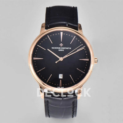 Replica Vacheron Constantin Patrimony Date Rose Gold Black Dial on Black Leather Strap