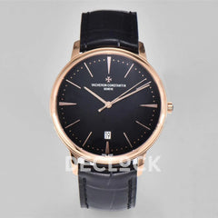 Replica Vacheron Constantin Patrimony Date Rose Gold Black Dial on Black Leather Strap