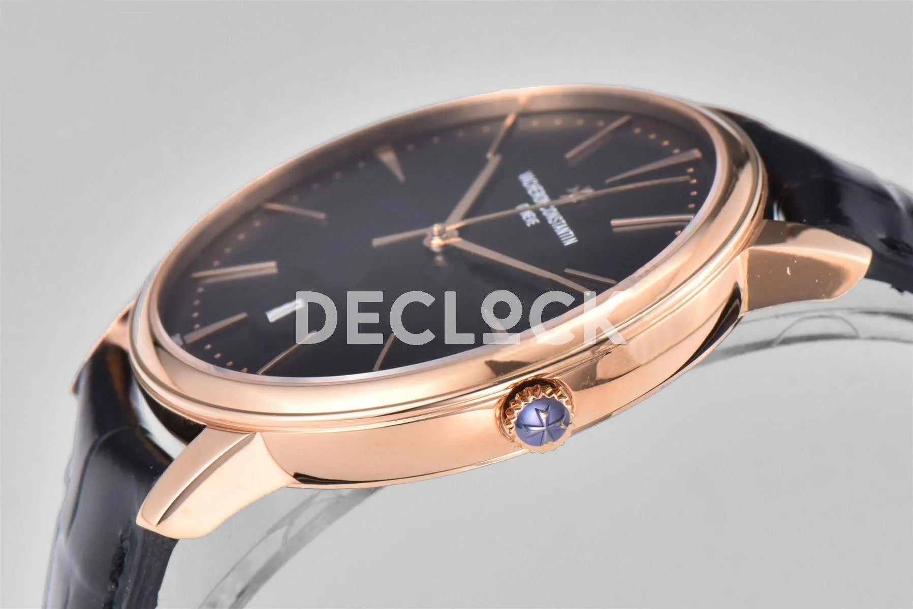 Replica Vacheron Constantin Patrimony Date Rose Gold Black Dial on Black Leather Strap