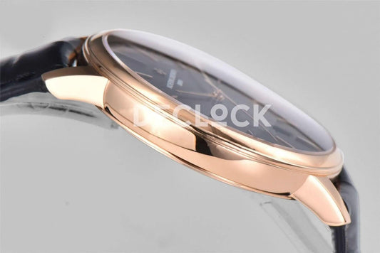 Replica Vacheron Constantin Patrimony Date Rose Gold Black Dial on Black Leather Strap | Declock.
