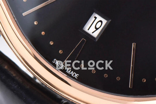 Replica Vacheron Constantin Patrimony Date Rose Gold Black Dial on Black Leather Strap | Declock.