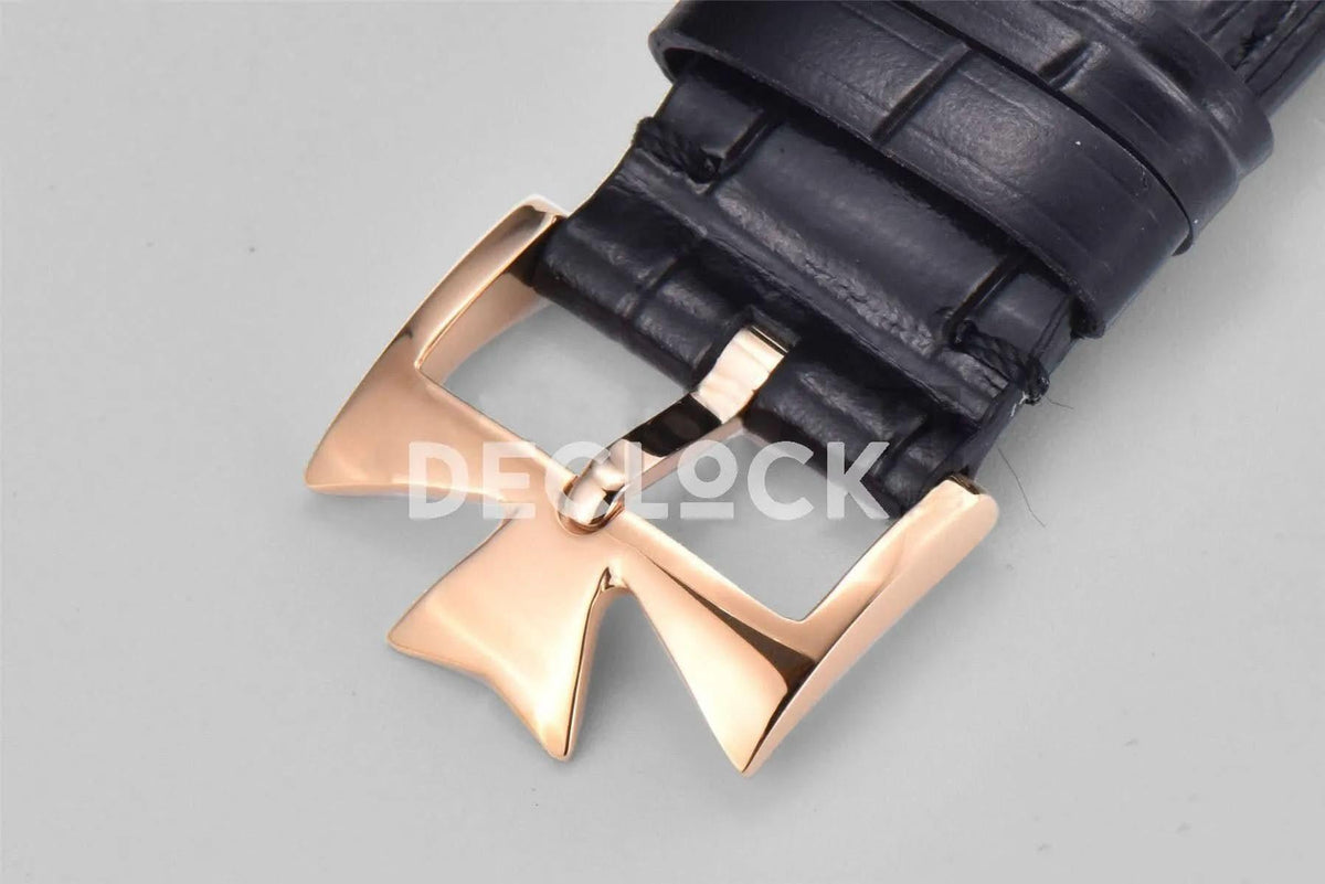 Replica Vacheron Constantin Patrimony Date Rose Gold Black Dial on Black Leather Strap |  Declock.