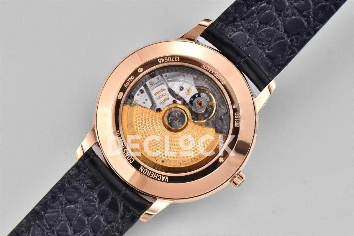 Replica Vacheron Constantin Patrimony Date Rose Gold Black Dial on Black Leather Strap |  Declock.