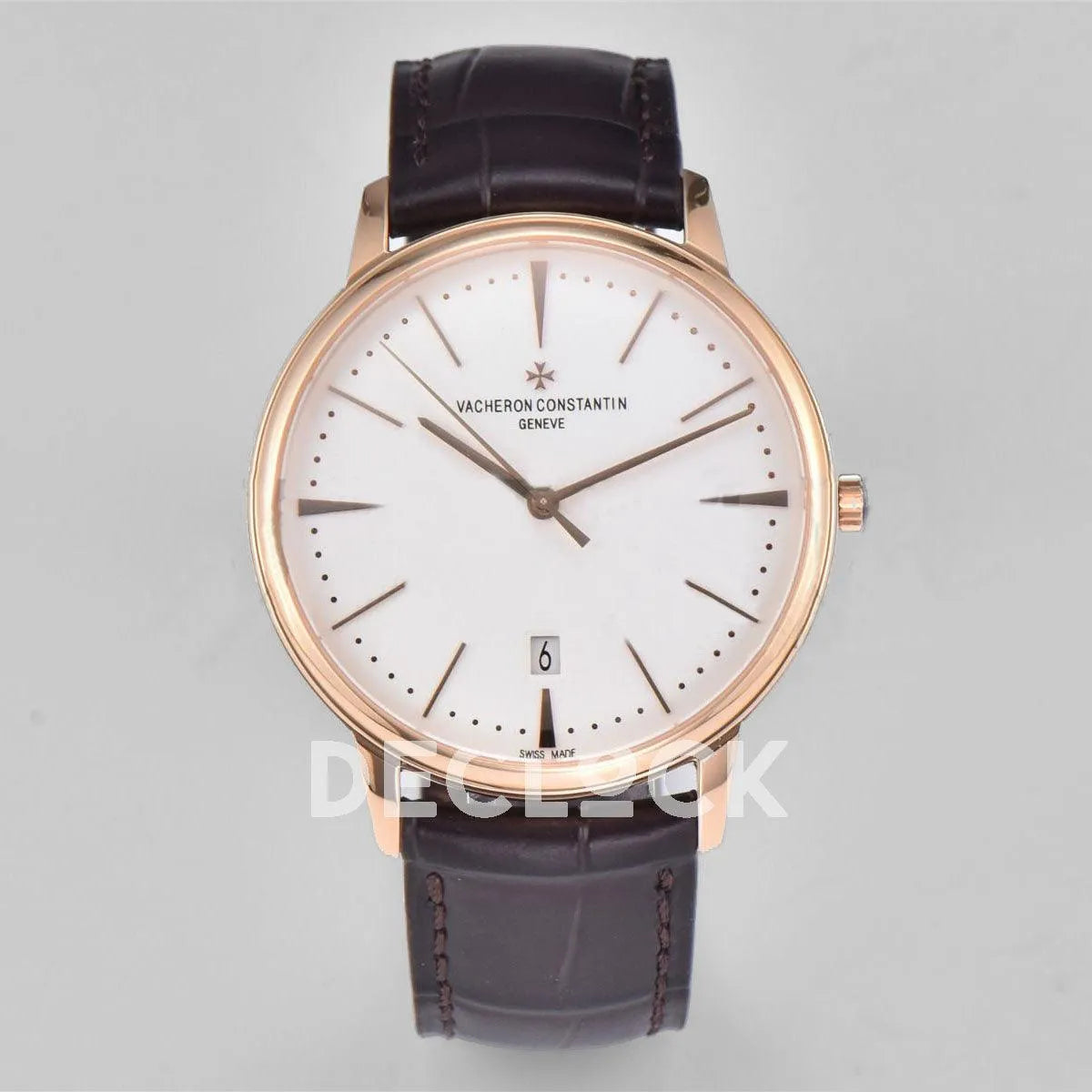 Replica Vacheron Constantin Patrimony Date Rose Gold White Dial on Brown Leather Strap