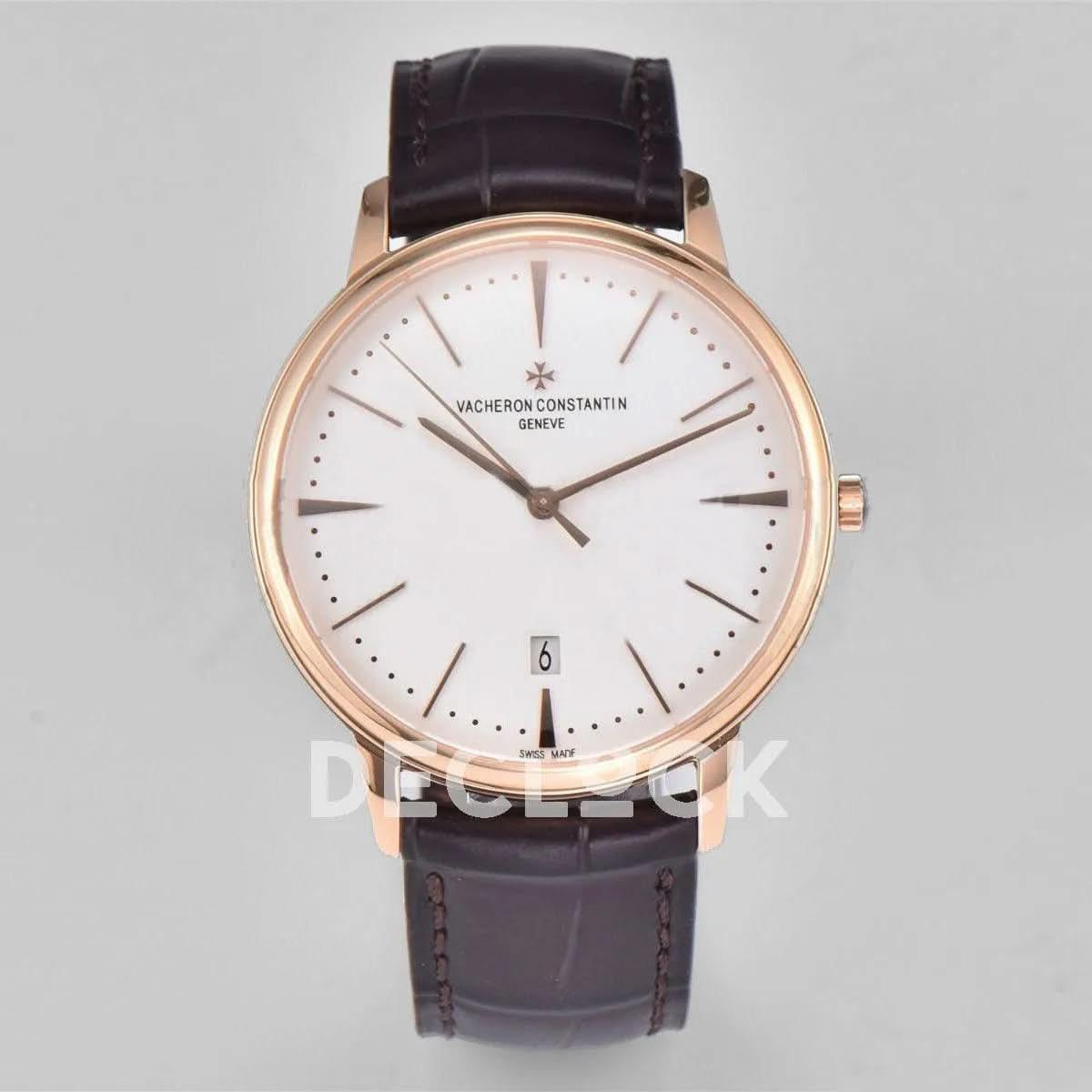 Replica Vacheron Constantin Patrimony Date Rose Gold White Dial on Brown Leather Strap |  Declock.