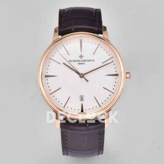 Replica Vacheron Constantin Patrimony Date Rose Gold White Dial on Brown Leather Strap |  Declock.
