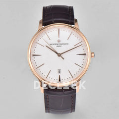 Replica Vacheron Constantin Patrimony Date Rose Gold White Dial on Brown Leather Strap