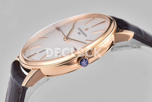 Replica Vacheron Constantin Patrimony Date Rose Gold White Dial on Brown Leather Strap | Declock.