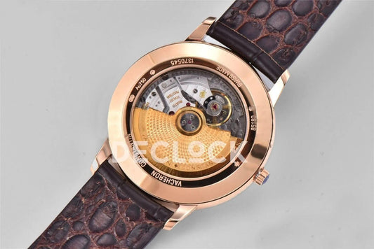 Replica Vacheron Constantin Patrimony Date Rose Gold White Dial on Brown Leather Strap | Declock.