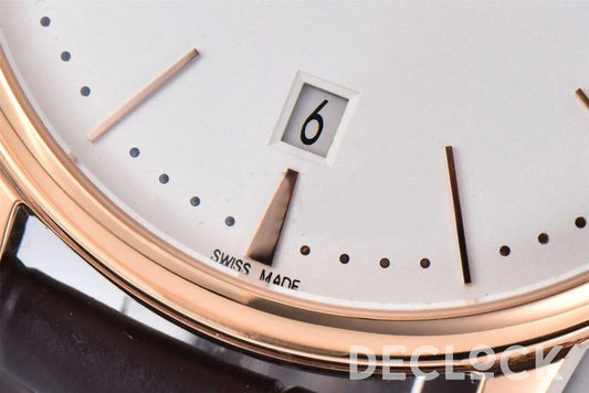 Replica Vacheron Constantin Patrimony Date Rose Gold White Dial on Brown Leather Strap |  Declock.
