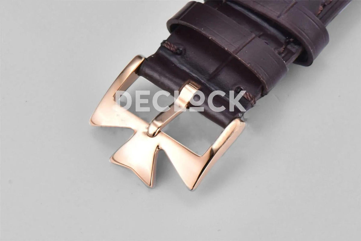 Replica Vacheron Constantin Patrimony Date Rose Gold White Dial on Brown Leather Strap |  Declock.