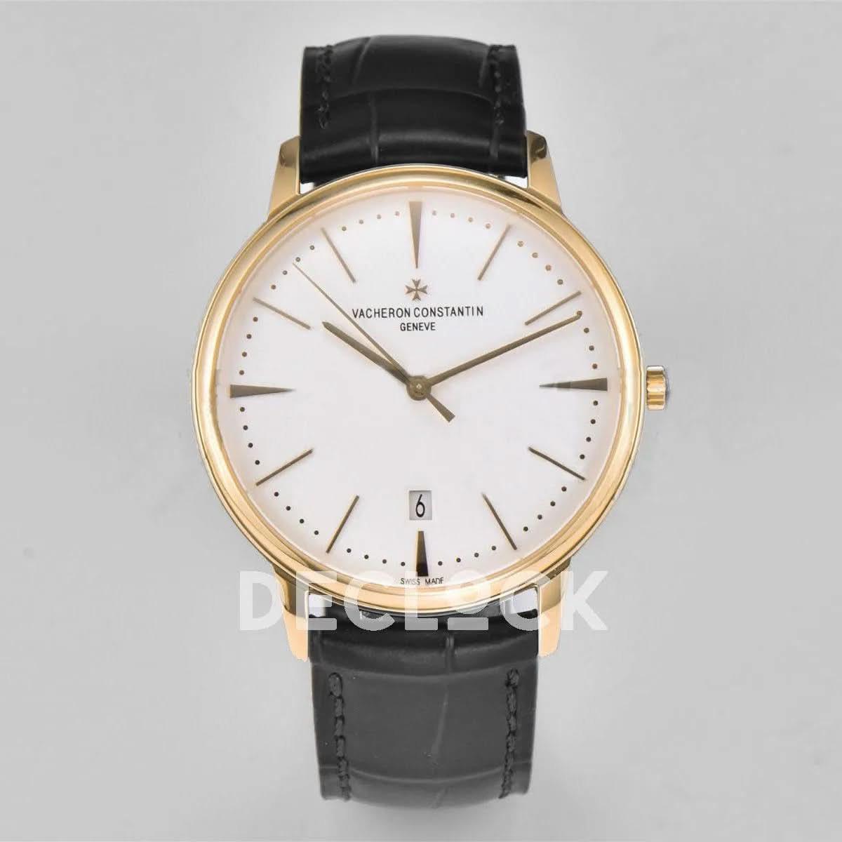 Replica Vacheron Constantin Patrimony Date Yellow Gold White Dial on Black Leather Strap |  Declock.