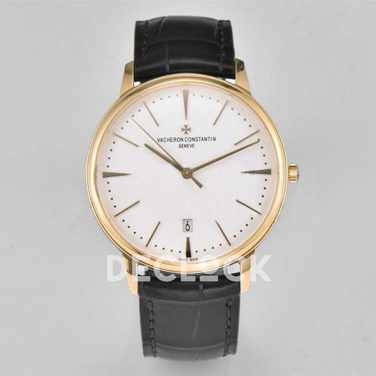 Replica Vacheron Constantin Patrimony Date Yellow Gold White Dial on Black Leather Strap |  Declock.