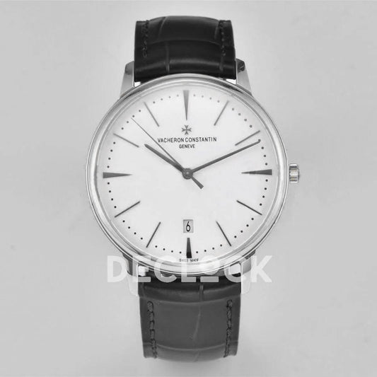 Replica Vacheron Constantin Patrimony Date Silver White Dial on Black Leather Strap | Declock.