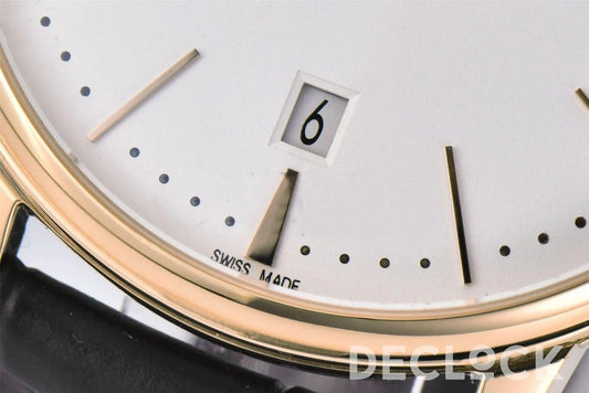 Replica Vacheron Constantin Patrimony Date Yellow Gold White Dial on Black Leather Strap |  Declock.
