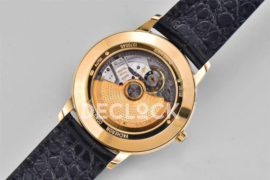 Replica Vacheron Constantin Patrimony Date Yellow Gold White Dial on Black Leather Strap | Declock.