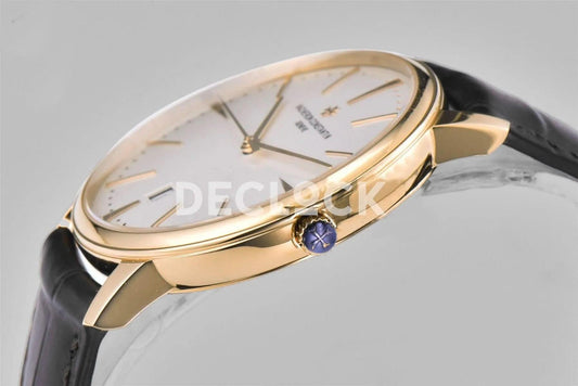 Replica Vacheron Constantin Patrimony Date Yellow Gold White Dial on Black Leather Strap | Declock.