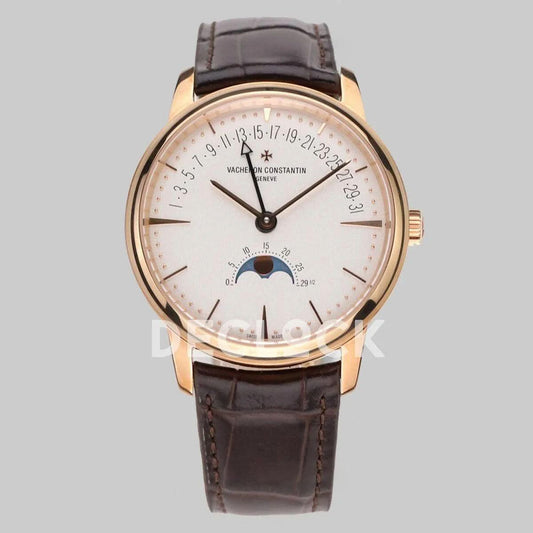 Replica Vacheron Constantin Patrimony Moonpahse Retrograde Date Rose Gold White Dial on Brown Leather Strap | Declock.