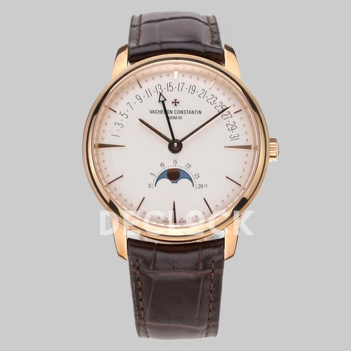 Replica Vacheron Constantin Patrimony Moonpahse Retrograde Date Rose Gold White Dial on Brown Leather Strap |  Declock.