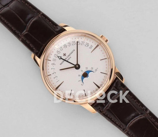 Replica Vacheron Constantin Patrimony Moonpahse Retrograde Date Rose Gold White Dial on Brown Leather Strap | Declock.