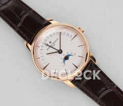 Replica Vacheron Constantin Patrimony Moonpahse Retrograde Date Rose Gold White Dial on Brown Leather Strap