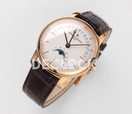Replica Vacheron Constantin Patrimony Moonpahse Retrograde Date Rose Gold White Dial on Brown Leather Strap | Declock.