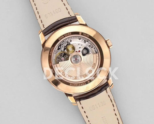 Replica Vacheron Constantin Patrimony Moonpahse Retrograde Date Rose Gold White Dial on Brown Leather Strap |  Declock.