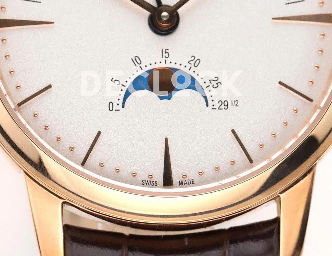 Replica Vacheron Constantin Patrimony Moonpahse Retrograde Date Rose Gold White Dial on Brown Leather Strap |  Declock.