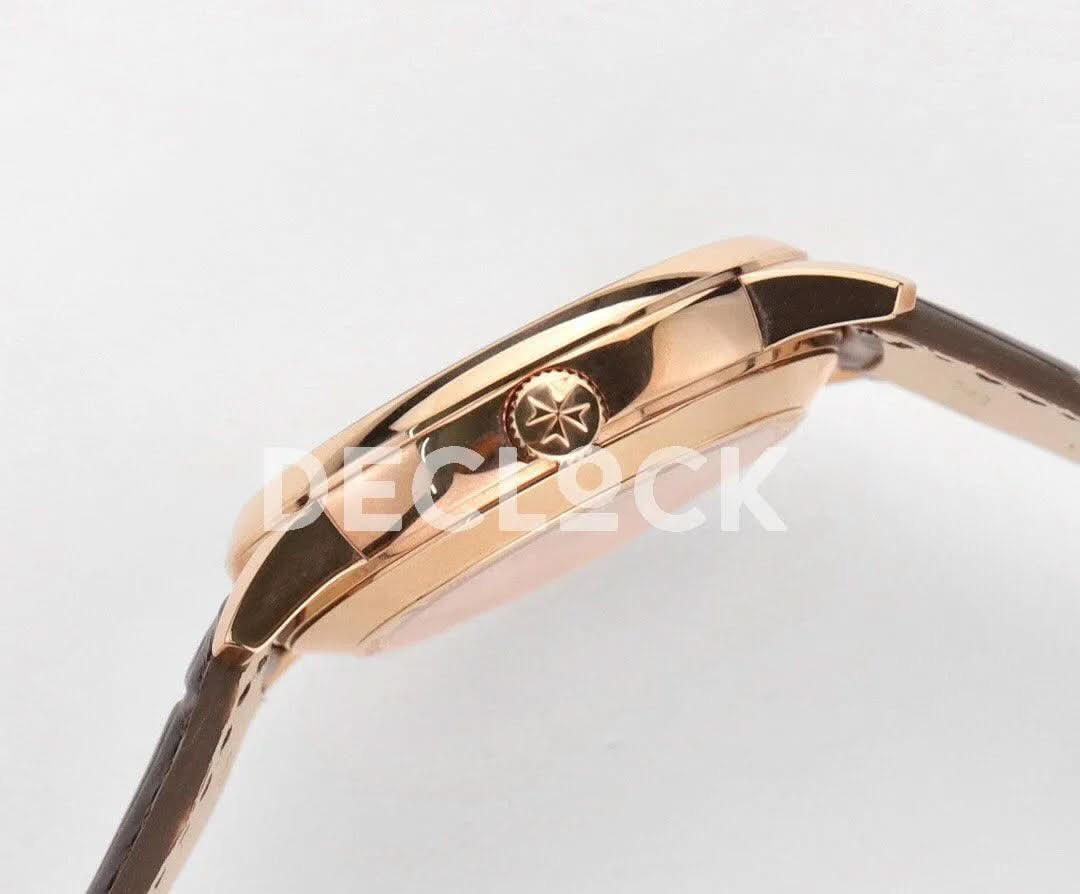 Replica Vacheron Constantin Patrimony Moonpahse Retrograde Date Rose Gold White Dial on Brown Leather Strap |  Declock.