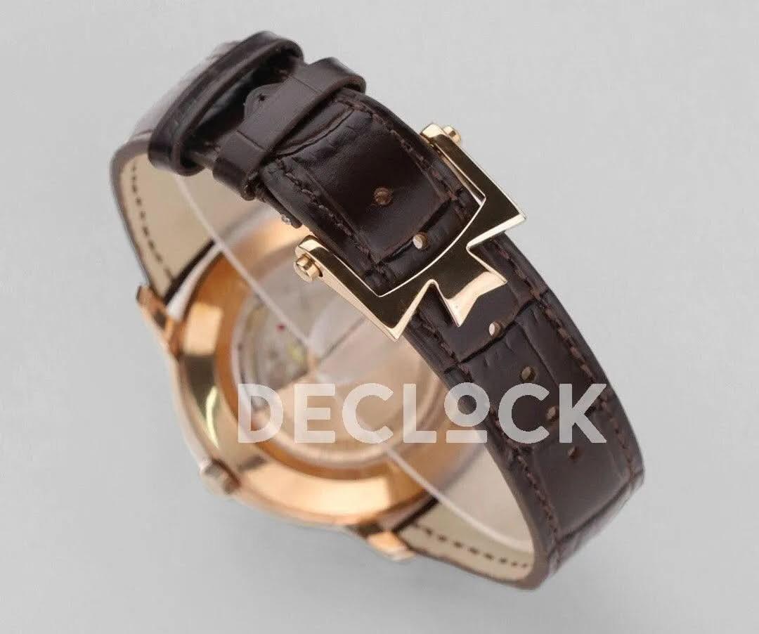 Replica Vacheron Constantin Patrimony Moonpahse Retrograde Date Rose Gold White Dial on Brown Leather Strap |  Declock.