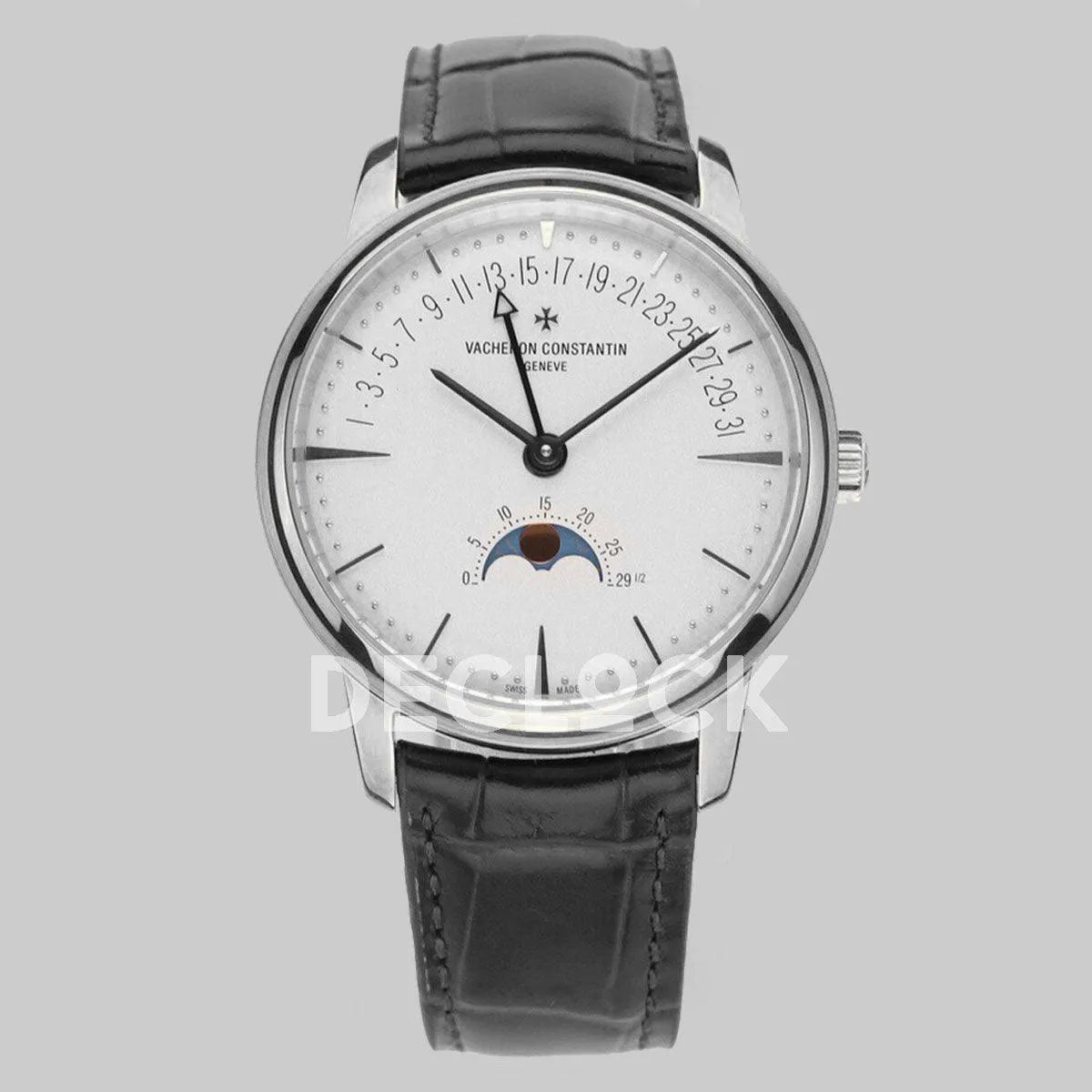 Replica Vacheron Constantin Patrimony Moonpahse Retrograde Date Steel White Dial on Black Leather Strap