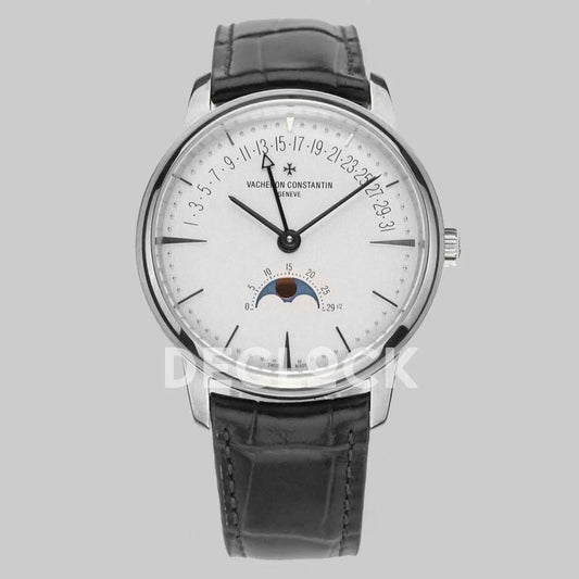 Replica Vacheron Constantin Patrimony Moonpahse Retrograde Date Steel White Dial on Black Leather Strap | Declock.