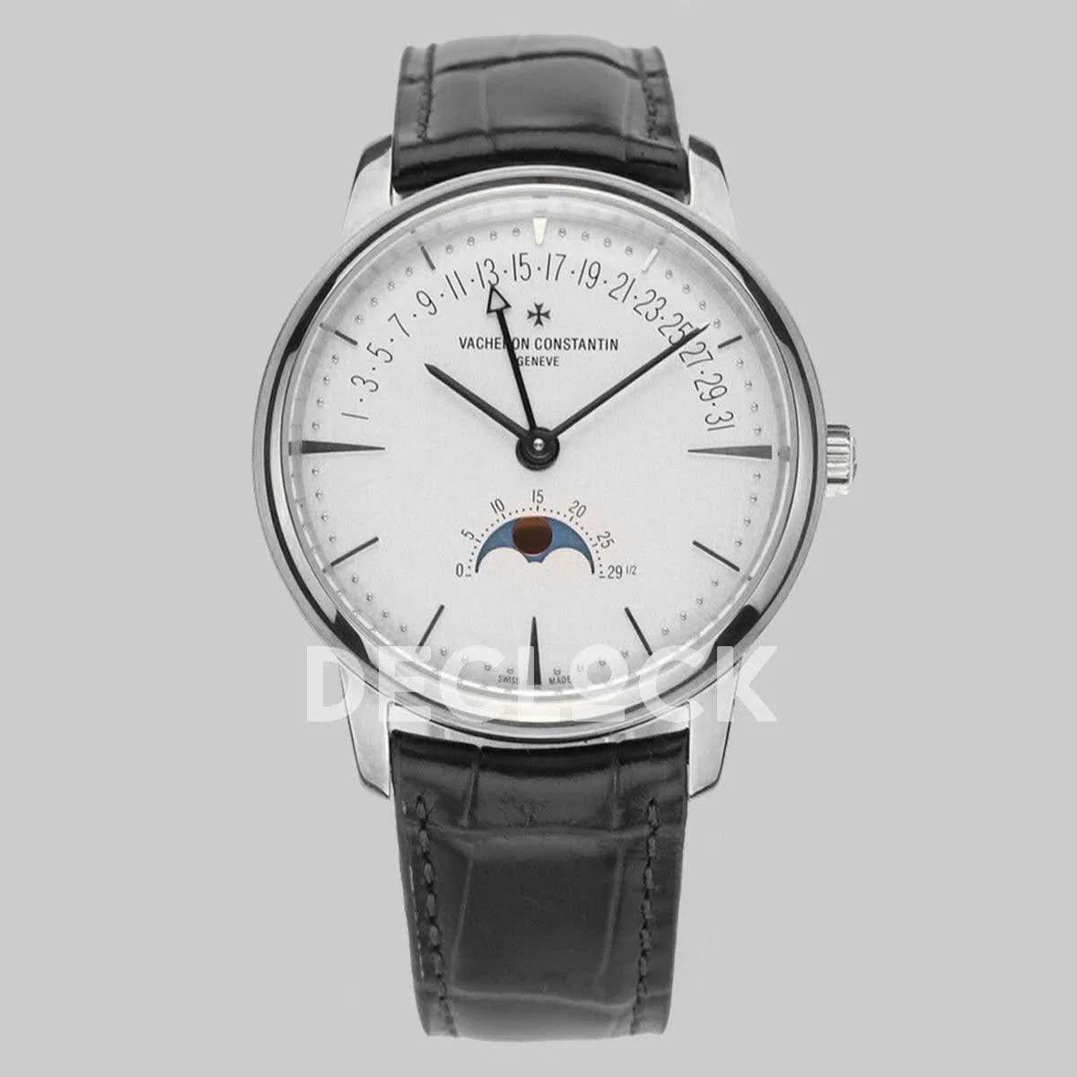 Replica Vacheron Constantin Patrimony Moonpahse Retrograde Date Steel White Dial on Black Leather Strap |  Declock.