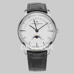 Replica Vacheron Constantin Patrimony Moonpahse Retrograde Date Steel White Dial on Black Leather Strap