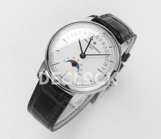Replica Vacheron Constantin Patrimony Moonpahse Retrograde Date Steel White Dial on Black Leather Strap | Declock.