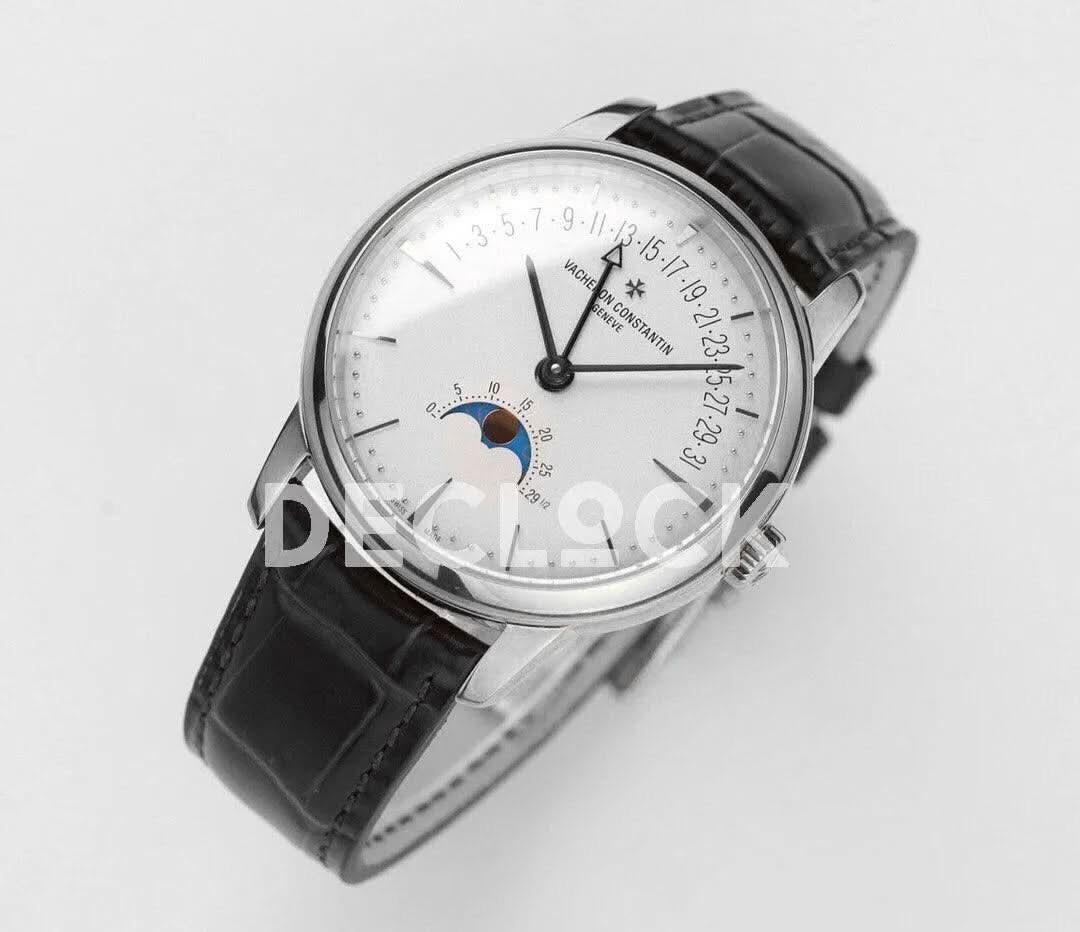 Replica Vacheron Constantin Patrimony Moonpahse Retrograde Date Steel White Dial on Black Leather Strap |  Declock.