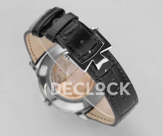 Replica Vacheron Constantin Patrimony Moonpahse Retrograde Date Steel White Dial on Black Leather Strap | Declock.