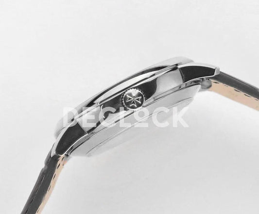 Replica Vacheron Constantin Patrimony Moonpahse Retrograde Date Steel White Dial on Black Leather Strap | Declock.