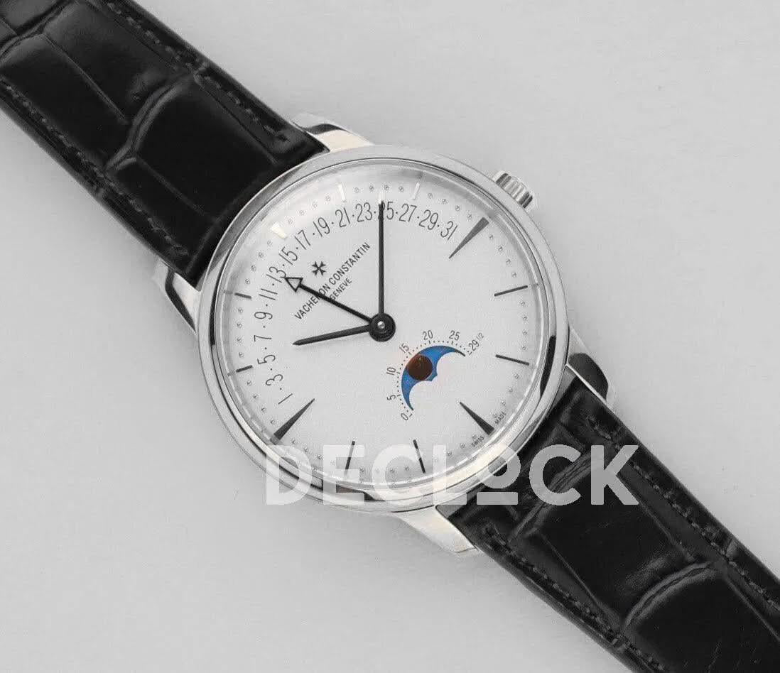 Replica Vacheron Constantin Patrimony Moonpahse Retrograde Date Steel White Dial on Black Leather Strap |  Declock.