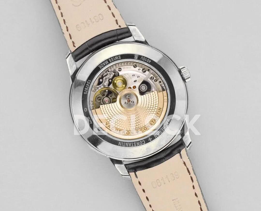 Replica Vacheron Constantin Patrimony Moonpahse Retrograde Date Steel White Dial on Black Leather Strap |  Declock.